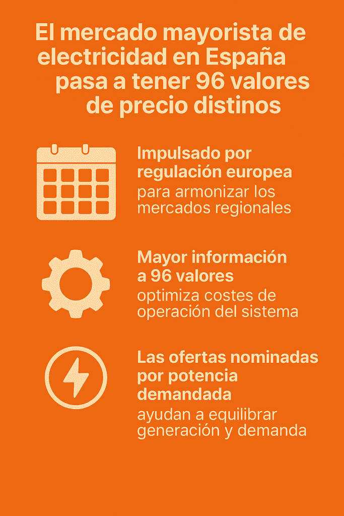 El mercado mayorista de electricidad en España pasa a tener 96 valores de precio